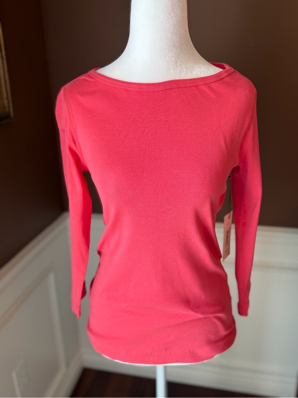 Three Dot 3/4 Sleeve British Boatneck Tee Dark Coral Size Small NWT MSRP $66